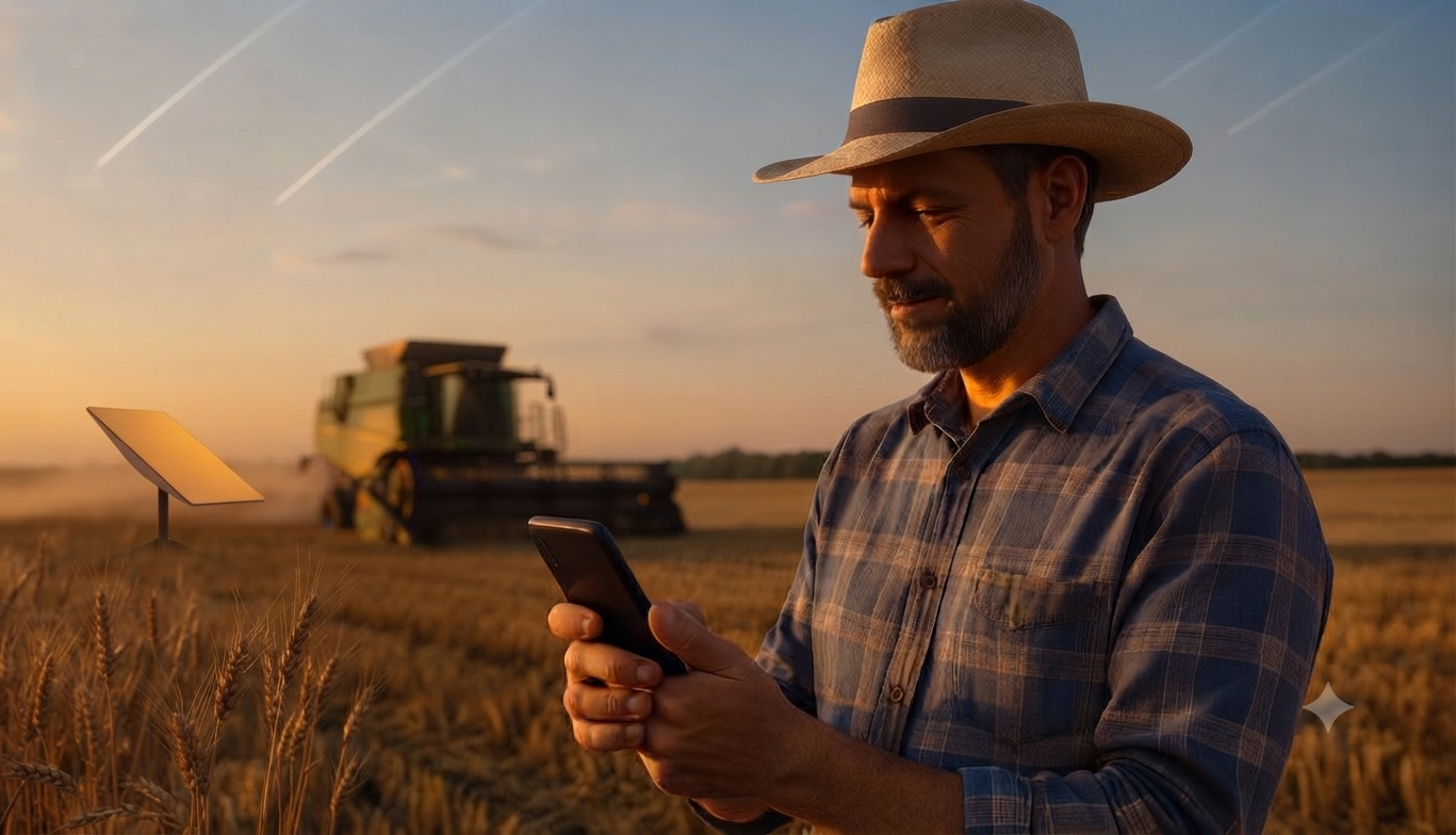 Produtor rural usando o celular conectado à internet Starlink na fazenda